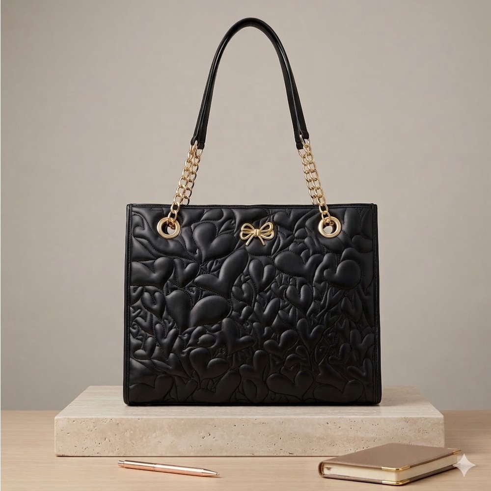 Betsey Johnson Black and Gold Quilted Tote Bag EUC